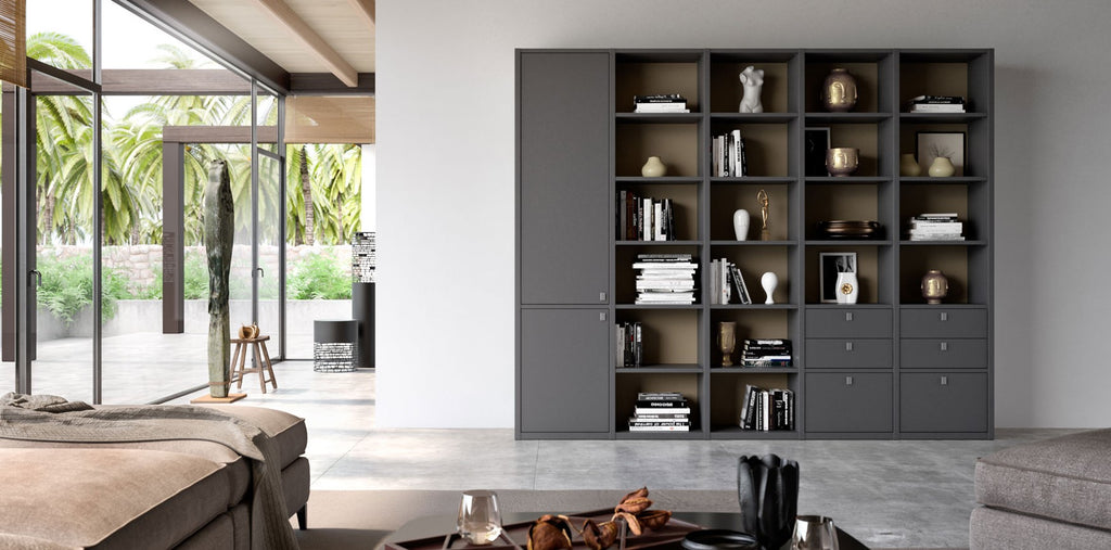A sleek Interlübke Studimo House Bar featuring adjustable glass shelves, LED lighting, and sophisticated German design for a modern living room. Available in Sarasota, FL.
 by INTERLUBKE for sale at Home Resource Modern Furniture Store Sarasota Florida