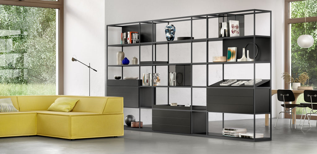 A customizable Interlübke Tado Shelf, featuring modular boxes and handcrafted German design, perfect for displaying personal treasures in a sophisticated living room.
 by INTERLUBKE for sale at Home Resource Modern Furniture Store Sarasota Florida