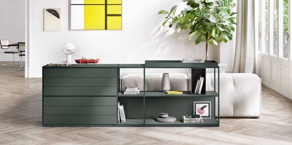 A customizable Interlübke Tado Shelf, featuring modular boxes and handcrafted German design, perfect for displaying personal treasures in a sophisticated living room.
 by INTERLUBKE for sale at Home Resource Modern Furniture Store Sarasota Florida