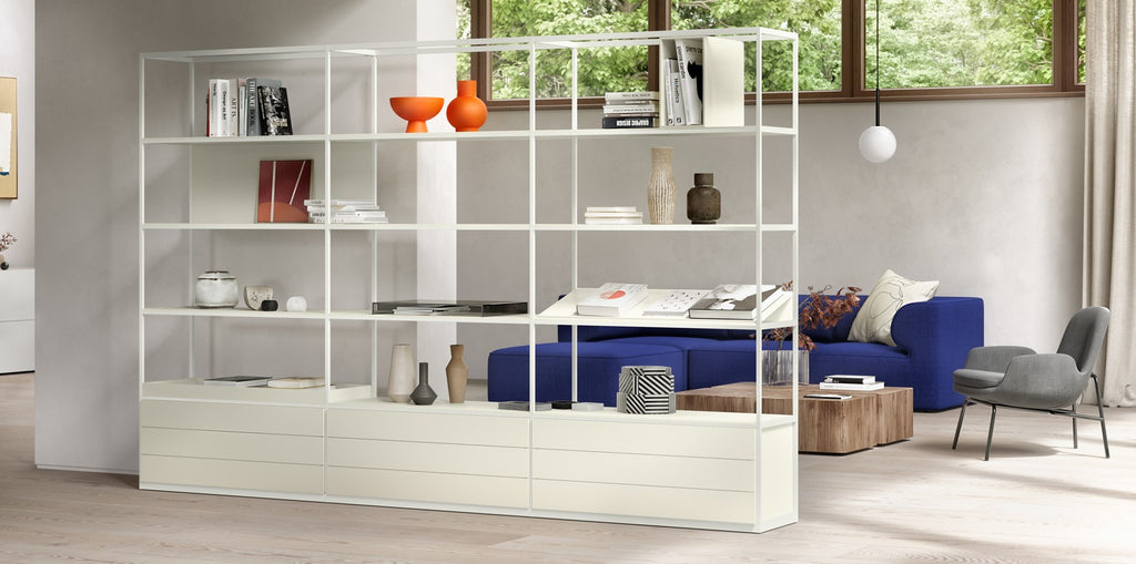 Modular Interlübke Tado Shelving System, showcasing customizable options in matte lacquers, glass, and natural materials for a sophisticated living room display.
 by INTERLUBKE for sale at Home Resource Modern Furniture Store Sarasota Florida