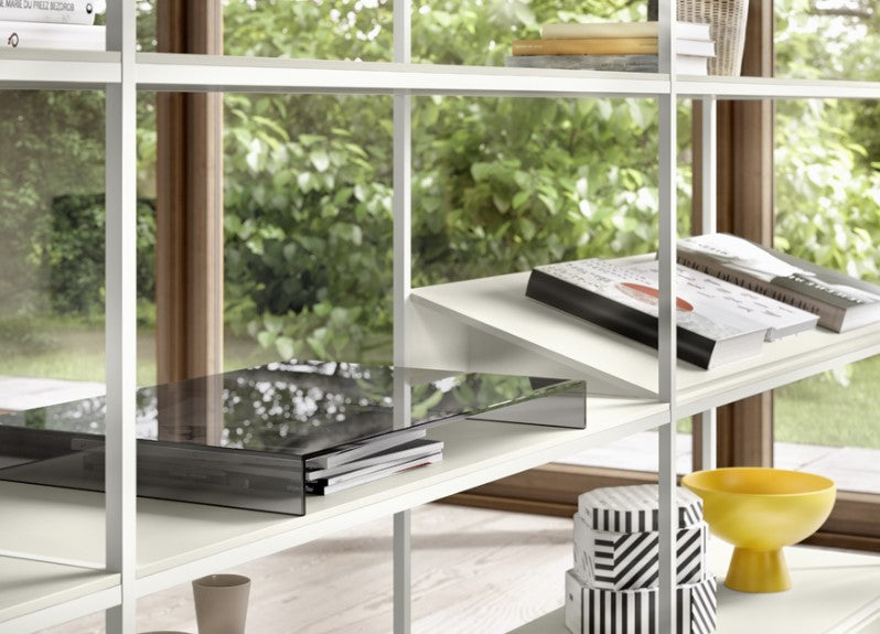 Modular Interlübke Tado Shelving System, showcasing customizable options in matte lacquers, glass, and natural materials for a sophisticated living room display.
 by INTERLUBKE for sale at Home Resource Modern Furniture Store Sarasota Florida