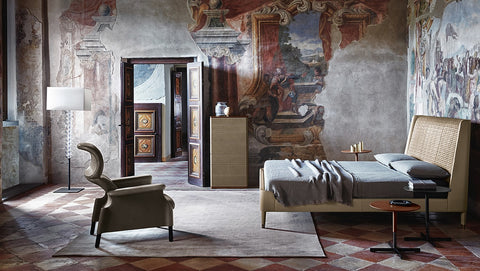 Fede lamp by Poltrona Frau, featuring two glass bells, lacquered metal base with glass bubble upholstery, and handmade craftsmanship. by Poltrona Frau