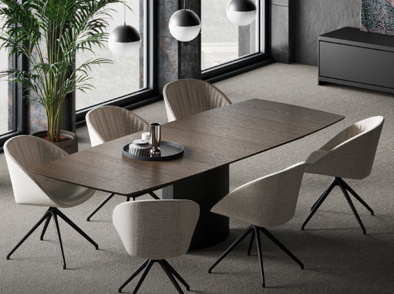Handcrafted Draenert dining table featuring a lifting mechanism, natural materials, and various shapes, with a sophisticated German design available at Home Resource Sarasota. by DRAENERT for sale at Home Resource Modern Furniture Store Sarasota Florida