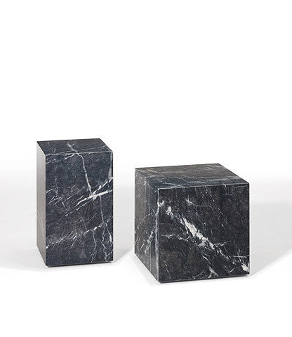 QBIC side table by Draenert, featuring a solid stone-like design with mitered edges, leathered finish, and recessed rollers for easy movement. by DRAENERT