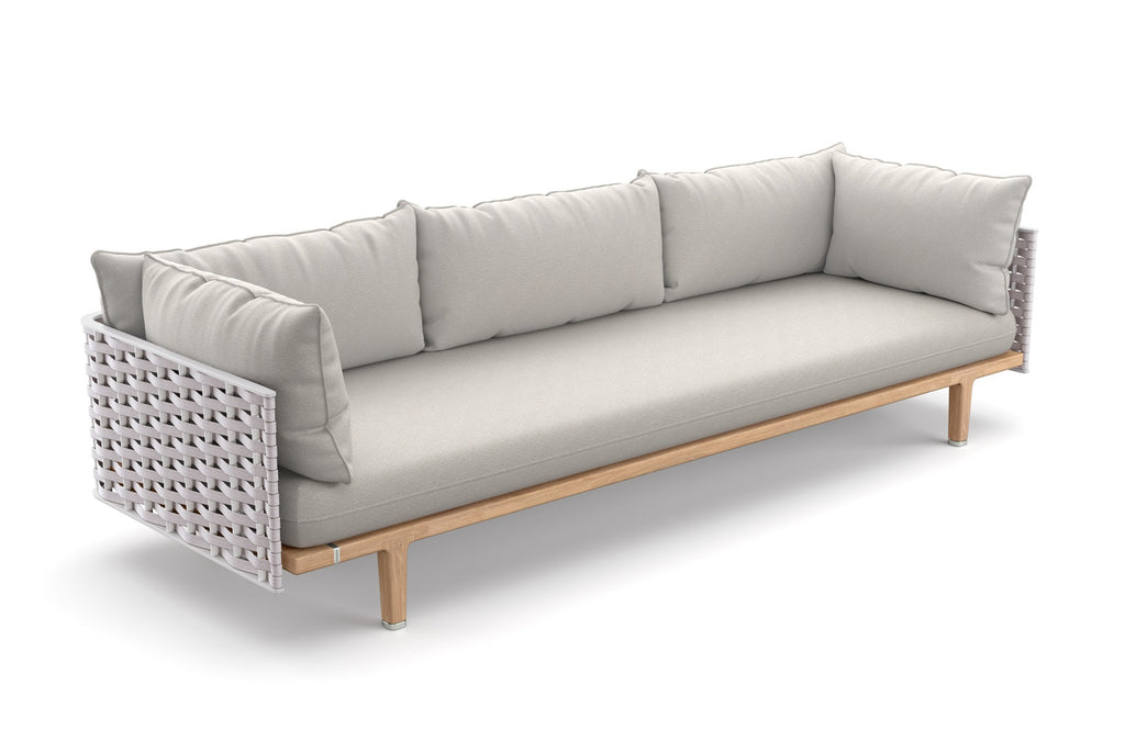 Dedon Sealine sofa, a luxury, hand-made, weather-resistant design with a teak frame, plush cushions, and modernist elegance for indoor and outdoor spaces.  by Dedon, available at the Home Resource furniture store Sarasota Florida