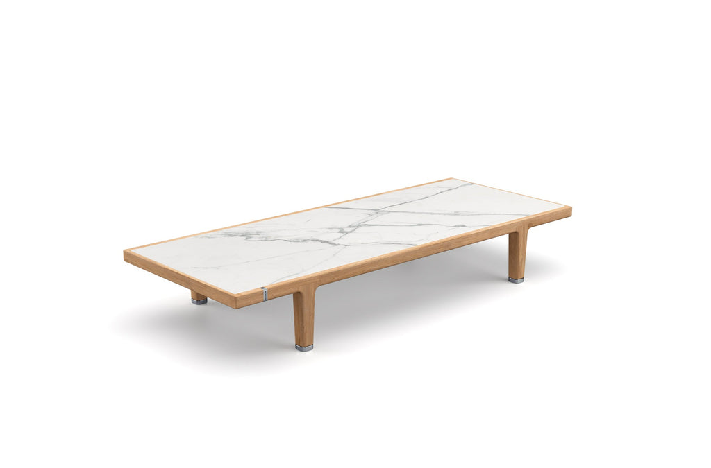 Dedon Sealine sofa, a luxury, hand-made, weather-resistant design with a teak frame, plush cushions, and modernist elegance for indoor and outdoor spaces. by Dedon for sale at Home Resource Modern Furniture Store Sarasota Florida