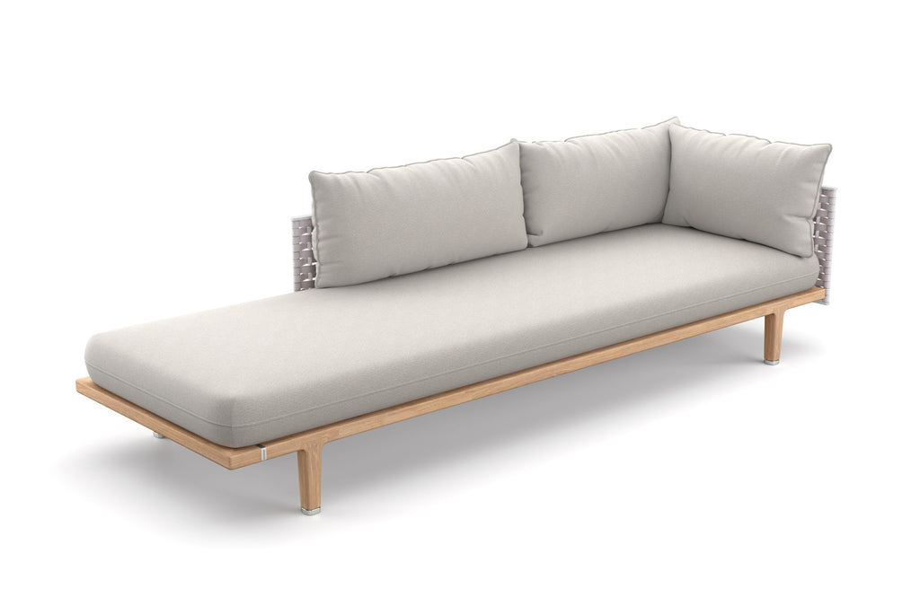 Dedon Sealine sofa, a luxury, hand-made, weather-resistant design with a teak frame, plush cushions, and modernist elegance for indoor and outdoor spaces. by Dedon for sale at Home Resource Modern Furniture Store Sarasota Florida