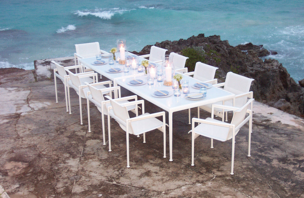 Knoll 1966 Collection Arm Dining Chair featuring iconic modern design, weather-resilient materials, and quality craftsmanship for outdoor dining. by Knoll for sale at Home Resource Modern Furniture Store Sarasota Florida