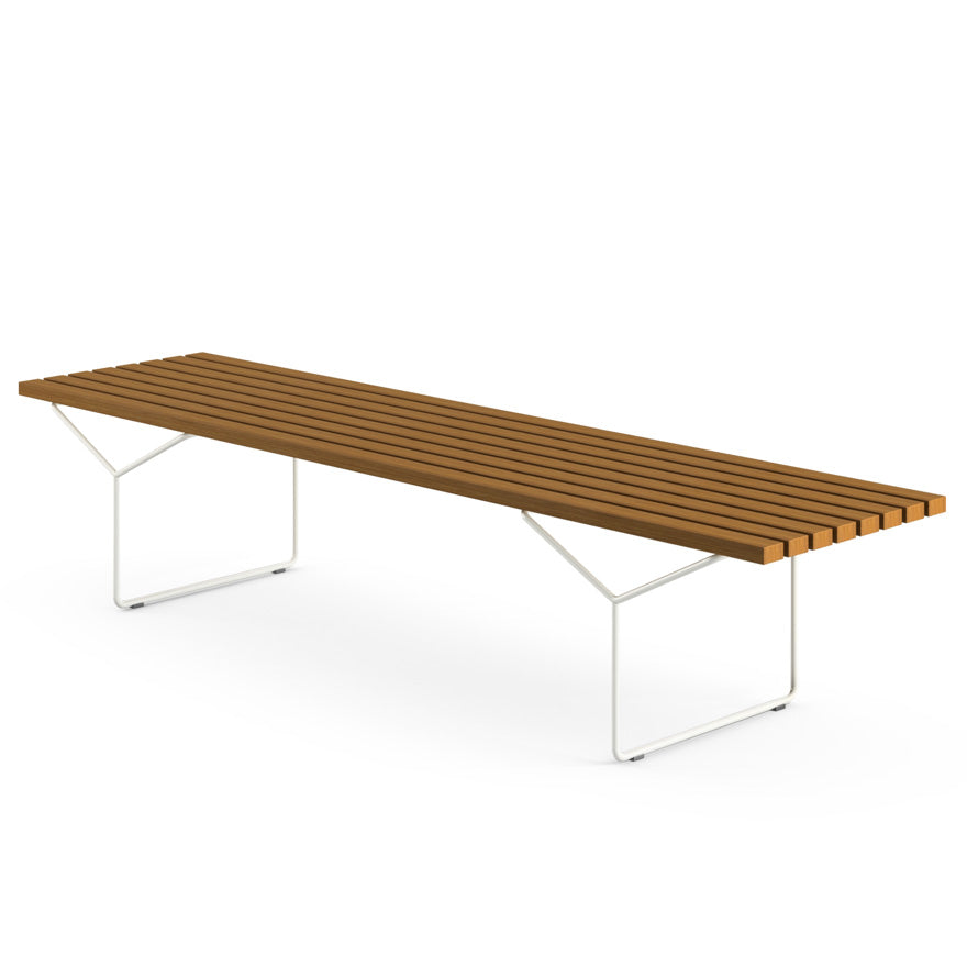 Knoll Bertoia Outdoor Bench featuring teak slats and timeless design, perfect for contemporary patios and outdoor living areas. by Knoll for sale at Home Resource Modern Furniture Store Sarasota Florida
