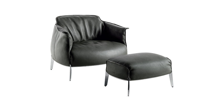 Poltrona Frau Archibald Gran Comfort chair, featuring soft leather upholstery and goose-down padding, with an architectural steel frame and ruthenium finish, for luxurious comfort.
 by Poltrona Frau for sale at Home Resource Modern Furniture Store Sarasota Florida
