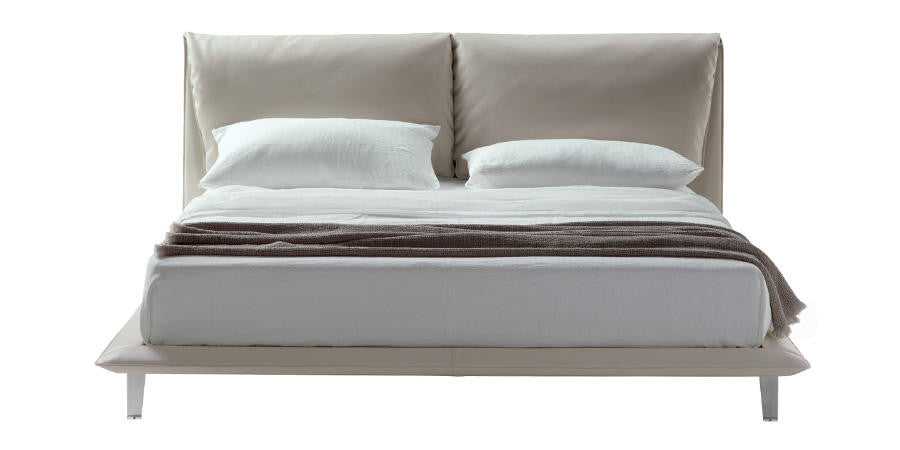 John John Bed by Poltrona Frau, featuring fine leather upholstery, soft goose down cushions, solid wood structure, and elegant Ruthenium-finished aluminum feet.  by Poltrona Frau, available at the Home Resource furniture store Sarasota Florida