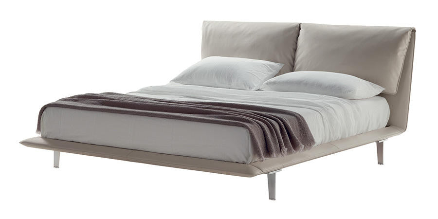 John John Bed by Poltrona Frau, featuring fine leather upholstery, soft goose down cushions, solid wood structure, and elegant Ruthenium-finished aluminum feet. by Poltrona Frau for sale at Home Resource Modern Furniture Store Sarasota Florida