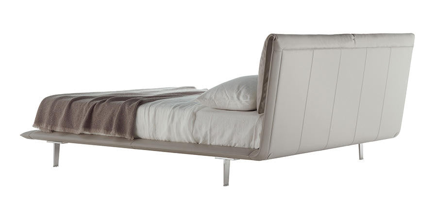 John John Bed by Poltrona Frau, featuring fine leather upholstery, soft goose down cushions, solid wood structure, and elegant Ruthenium-finished aluminum feet. by Poltrona Frau for sale at Home Resource Modern Furniture Store Sarasota Florida