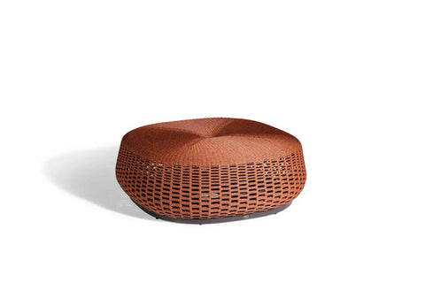Leplì Outdoor Pouf by Poltrona Frau, featuring a sculptural design with handwoven polypropylene strings and aluminum frame, perfect for outdoor living areas. by Poltrona Frau