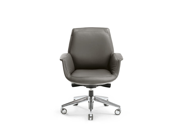 Poltrona Frau Downtown office chair with fine leather upholstery, polished aluminum base, and ergonomic features for luxurious comfort and Italian craftsmanship in an office room setting.
 by Poltrona Frau for sale at Home Resource Modern Furniture Store Sarasota Florida