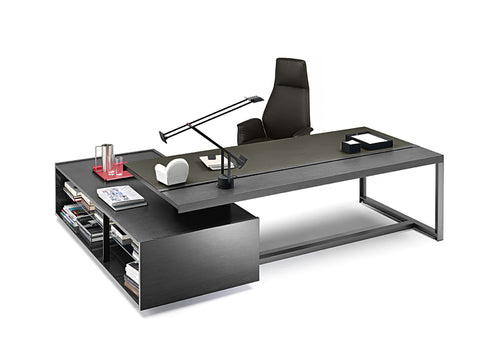 Jobs Executive Desk by Poltrona Frau, featuring fine leather upholstery, oak veneer top, and sleek steel elements, designed for a sophisticated office workspace. by Poltrona Frau