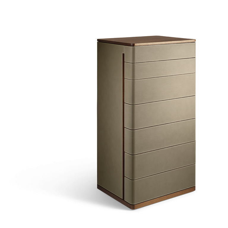 Fidelio Notte chest of drawers, tall boy, or bedside table by Poltrona Frau, featuring Canaletto walnut and birch plywood structure, Cuoio Saddle or Saddle Extra leather upholstery, steel adjustable feet. by Poltrona Frau for sale at Home Resource Modern Furniture Store Sarasota Florida