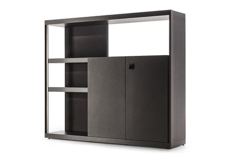 Jobs Cabinet by Poltrona Frau, featuring leather-upholstered doors, oak veneer, and sleek steel elements for an elegant and sophisticated living room storage piece. by Poltrona Frau