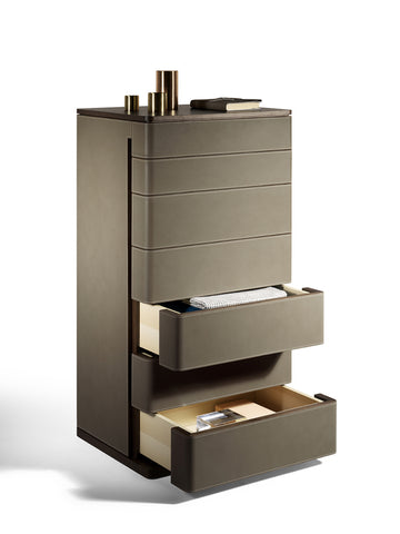 Fidelio Notte chest of drawers, tall boy, or bedside table by Poltrona Frau, featuring Canaletto walnut and birch plywood structure, Cuoio Saddle or Saddle Extra leather upholstery, steel adjustable feet. by Poltrona Frau