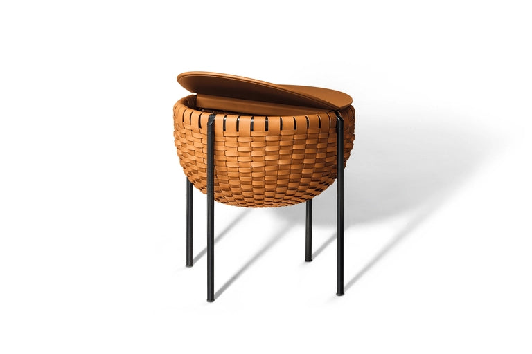 Poltrona Frau Cestlavie side table with storage, featuring fine leather upholstery, interwoven saddle-leather details, and a modern steel frame. Available in Sarasota.
 by Poltrona Frau for sale at Home Resource Modern Furniture Store Sarasota Florida