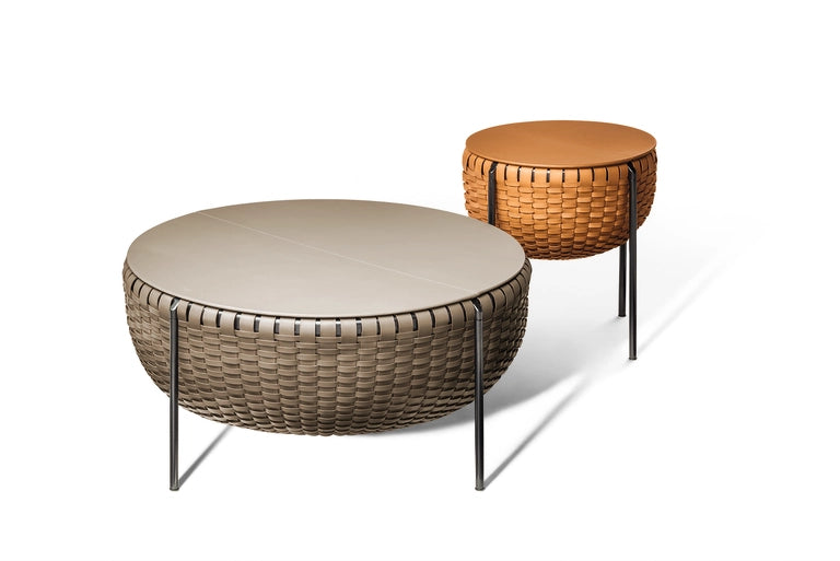 Poltrona Frau Cestlavie side table with storage, featuring fine leather upholstery, interwoven saddle-leather details, and a modern steel frame. Available in Sarasota.
  by Poltrona Frau, available at the Home Resource furniture store Sarasota Florida