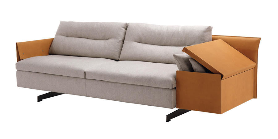 Grantorino Sofa by Poltrona Frau, featuring hand-crafted details, modular design, T-shaped feet, leather and fabric upholstery, hidden trunk-container, and comfortable seats. by Poltrona Frau for sale at Home Resource Modern Furniture Store Sarasota Florida