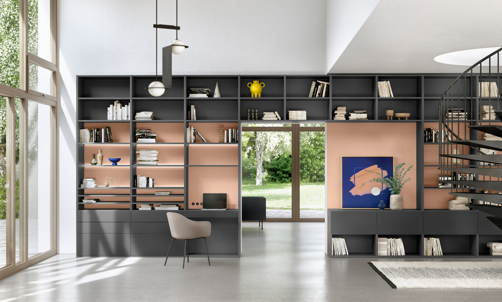 A sleek and customizable studimo shelving system by Interlübke, featuring handcrafted German design, modular shelves, sliding doors, and a stainless steel ladder.
 by INTERLUBKE for sale at Home Resource Modern Furniture Store Sarasota Florida