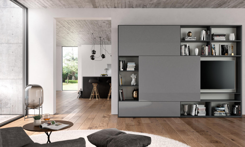 A sleek and customizable studimo shelving system by Interlübke, featuring handcrafted German design, modular shelves, sliding doors, and a stainless steel ladder.
 by INTERLUBKE for sale at Home Resource Modern Furniture Store Sarasota Florida