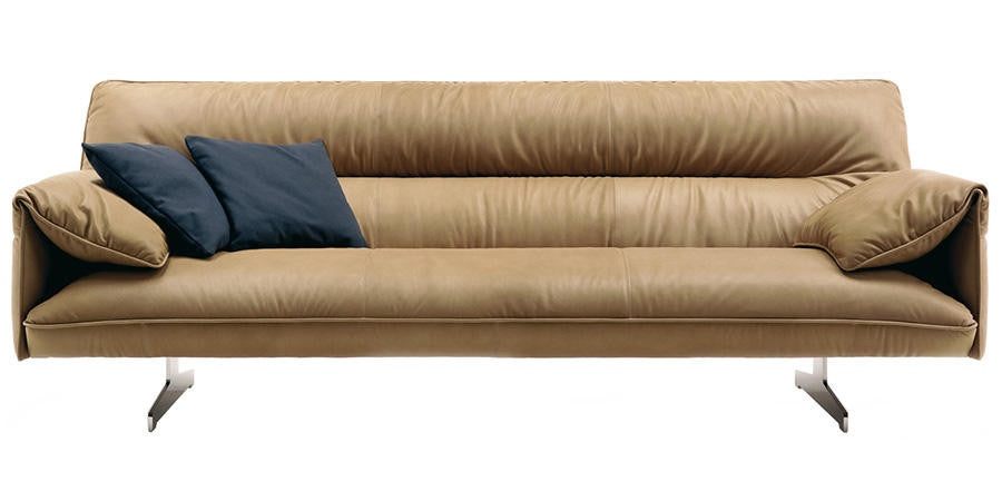 Poltrona Frau Antohn Sofa in Pelle Frau® leather, featuring modular square-shaped design and silver-finished metal base. Luxurious Italian furniture for contemporary living spaces.
 by Poltrona Frau for sale at Home Resource Modern Furniture Store Sarasota Florida