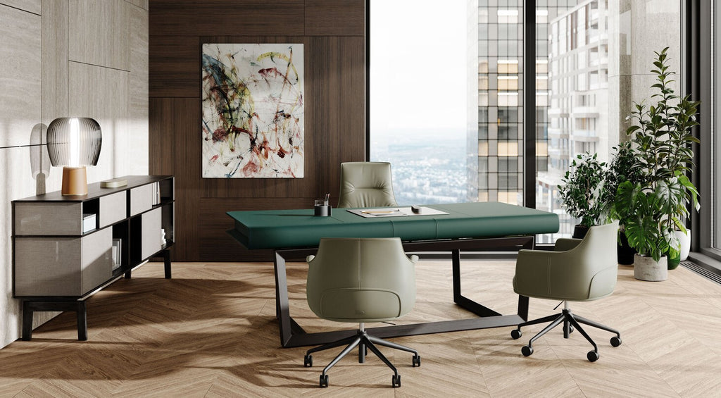 Poltrona Frau Archibald Task office chair featuring fine leather upholstery, aluminum swivel base, and adjustable ergonomic design for modern office settings.
 by Poltrona Frau for sale at Home Resource Modern Furniture Store Sarasota Florida