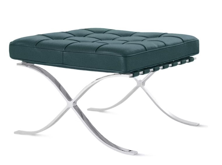 Knoll Barcelona Stool by Ludwig Mies van der Rohe, featuring a black cowhide sling and mid-century modern design with timeless elegance and quality. by Knoll for sale at Home Resource Modern Furniture Store Sarasota Florida