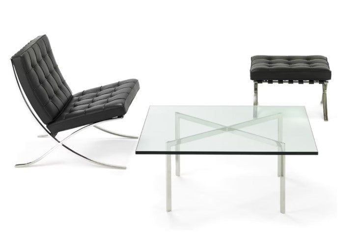 Knoll Barcelona Stool by Ludwig Mies van der Rohe, featuring a black cowhide sling and mid-century modern design with timeless elegance and quality. by Knoll for sale at Home Resource Modern Furniture Store Sarasota Florida