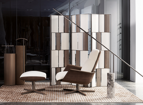 Giorgetti Clori chair – a luxurious, handcrafted swivel armchair with ottoman, offering modern Italian design, comfort, and functional elegance for the living room. by Giorgetti