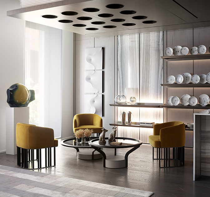 Giorgetti Chanterelle table – a luxurious Italian-made table with modern Italian design, creating functional elegance and playful light effects in the living room. by Giorgetti for sale at Home Resource Modern Furniture Store Sarasota Florida