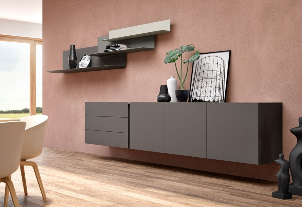 Interlübke Jorel wall-mounted sideboard in asymmetrical design, handcrafted with vertical handle grooves. Available at Home Resource of Sarasota Florida.
 by INTERLUBKE for sale at Home Resource Modern Furniture Store Sarasota Florida