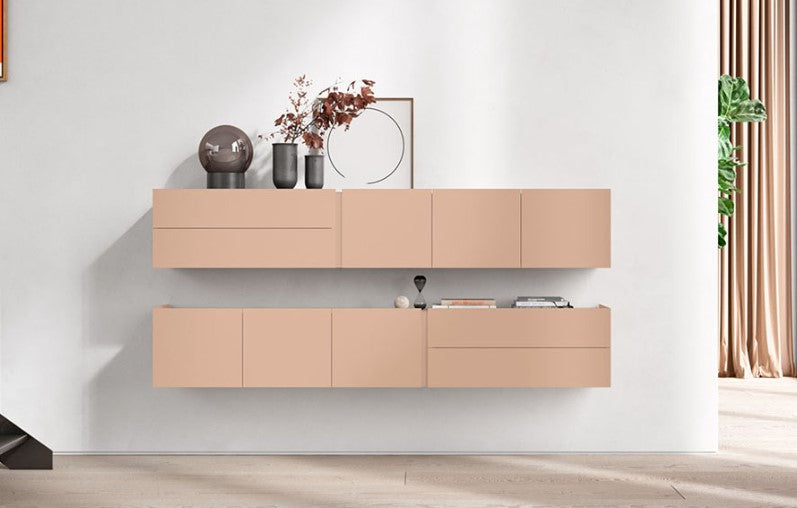 Interlübke Jorel wall-mounted sideboard in asymmetrical design, handcrafted with vertical handle grooves. Available at Home Resource of Sarasota Florida.
 by INTERLUBKE for sale at Home Resource Modern Furniture Store Sarasota Florida