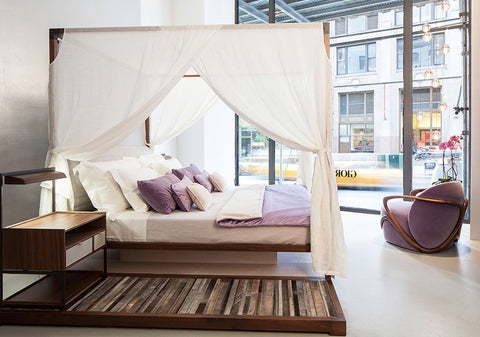 The Ira bed by Giorgetti – Italian-made, luxury, minimalistic bed with a delicate canopy for contemporary bedroom elegance. Available at Home Resource of Sarasota Florida. by Giorgetti