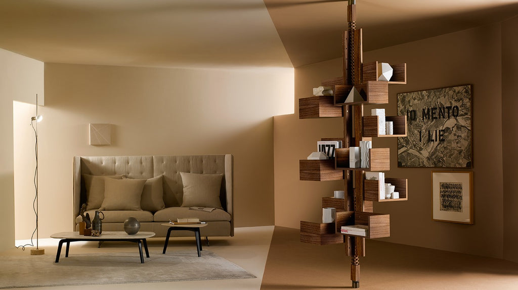 Poltrona Frau Albero bookcase in living room setting, featuring Italian craftsmanship with fine leather and sophisticated design. Available at Home Resource of Sarasota, Florida.
 by Poltrona Frau for sale at Home Resource Modern Furniture Store Sarasota Florida