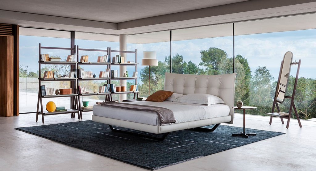 Aurora Tre Bed by Poltrona Frau, upholstered in fine Pelle Frau® leather with a padded, quilted headboard. Luxurious craftsmanship and modern Italian design.
 by Poltrona Frau for sale at Home Resource Modern Furniture Store Sarasota Florida