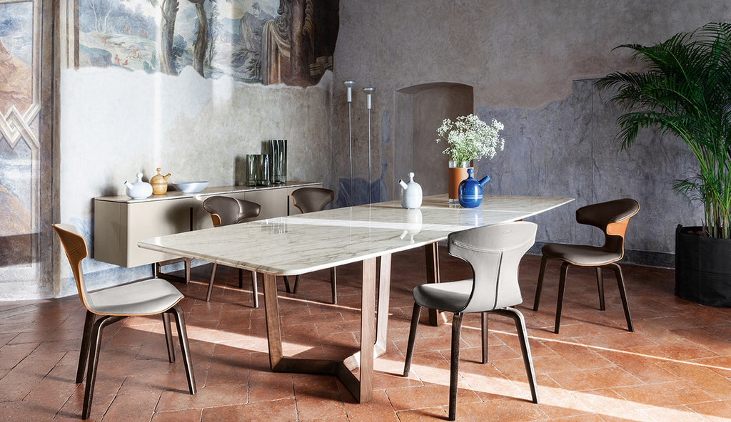 Poltrona Frau Bolero Ravel Dining Table with marble top and elegant wooden base, showcasing Italian craftsmanship. Available at Home Resource of Sarasota, Florida.
 by Poltrona Frau for sale at Home Resource Modern Furniture Store Sarasota Florida