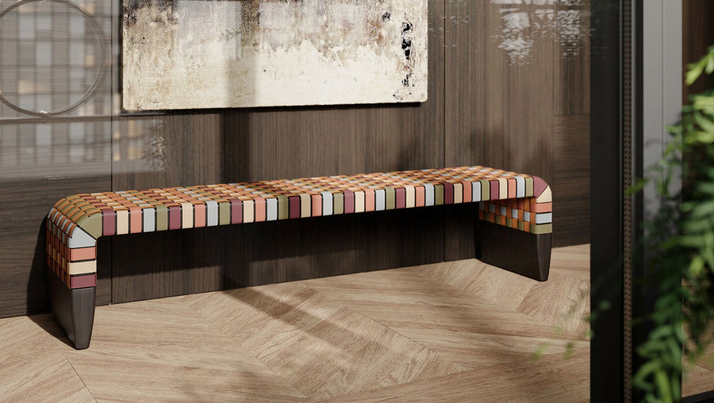 Poltrona Frau Brera 90th Anniversary Edition Bench with leather straps and ash wood frame, designed for luxurious outdoor spaces. Available at Home Resource, Sarasota.
 by Poltrona Frau for sale at Home Resource Modern Furniture Store Sarasota Florida