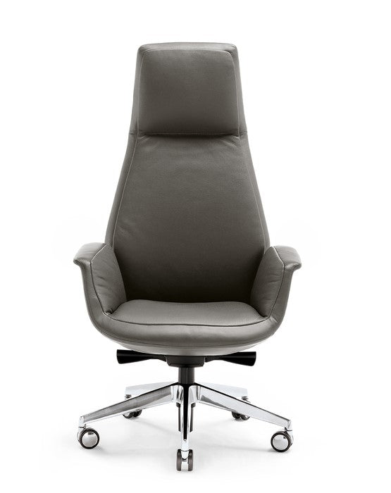 Poltrona Frau Downtown office chair with fine leather upholstery, polished aluminum base, and ergonomic features for luxurious comfort and Italian craftsmanship in an office room setting.
 by Poltrona Frau for sale at Home Resource Modern Furniture Store Sarasota Florida