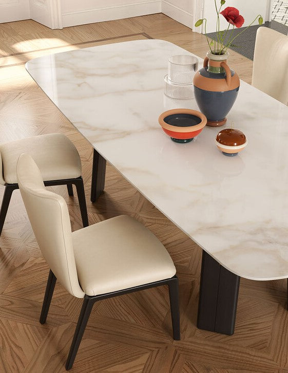 DUO dining table by Ceccotti Collezioni, featuring solid ash wood base with brass elements and rectangular-shaped marble top. by Poltrona Frau for sale at Home Resource Modern Furniture Store Sarasota Florida