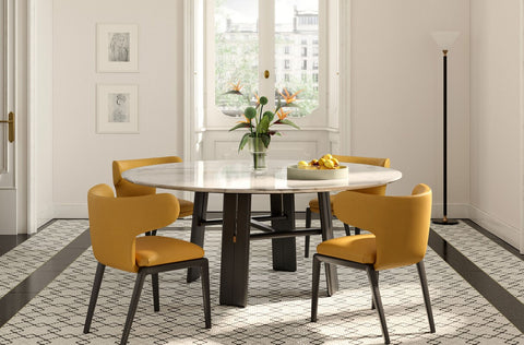 DUO dining table by Ceccotti Collezioni, featuring solid ash wood base with brass elements and rectangular-shaped marble top. by Poltrona Frau