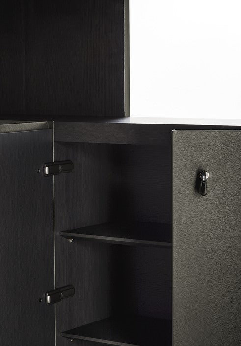 Jobs Cabinet by Poltrona Frau, featuring leather-upholstered doors, oak veneer, and sleek steel elements for an elegant and sophisticated living room storage piece. by Poltrona Frau for sale at Home Resource Modern Furniture Store Sarasota Florida