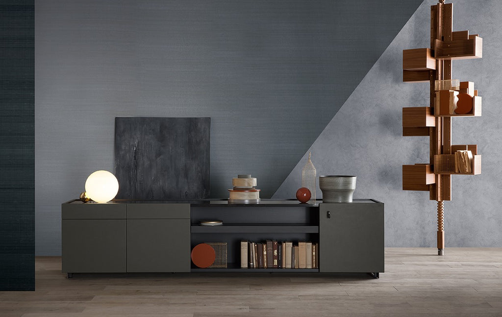 Jobs Cabinet by Poltrona Frau, featuring leather-upholstered doors, oak veneer, and sleek steel elements for an elegant and sophisticated living room storage piece. by Poltrona Frau for sale at Home Resource Modern Furniture Store Sarasota Florida