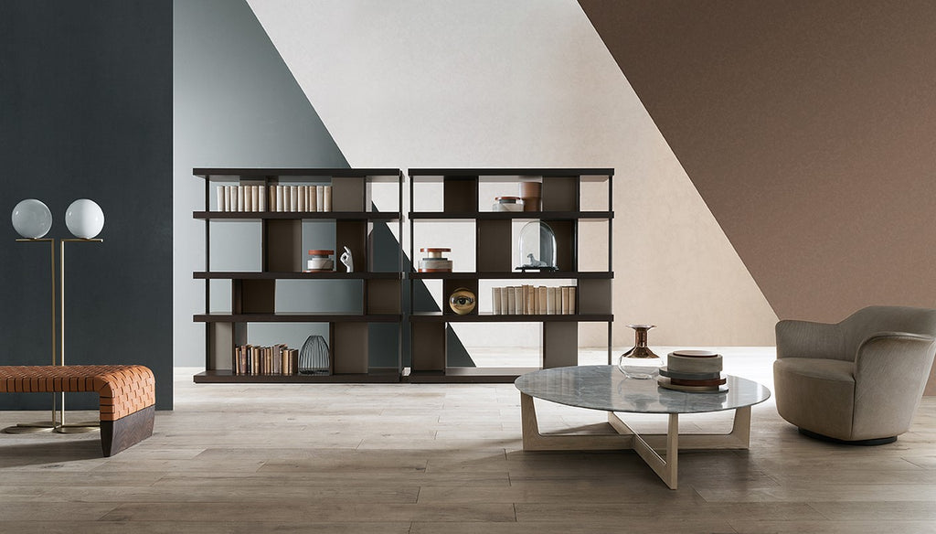 Jobs Bookcase by Poltrona Frau, featuring Pelle Frau® leather, oak veneer, and brushed steel elements for a sophisticated and elegant living room storage solution. by Poltrona Frau for sale at Home Resource Modern Furniture Store Sarasota Florida