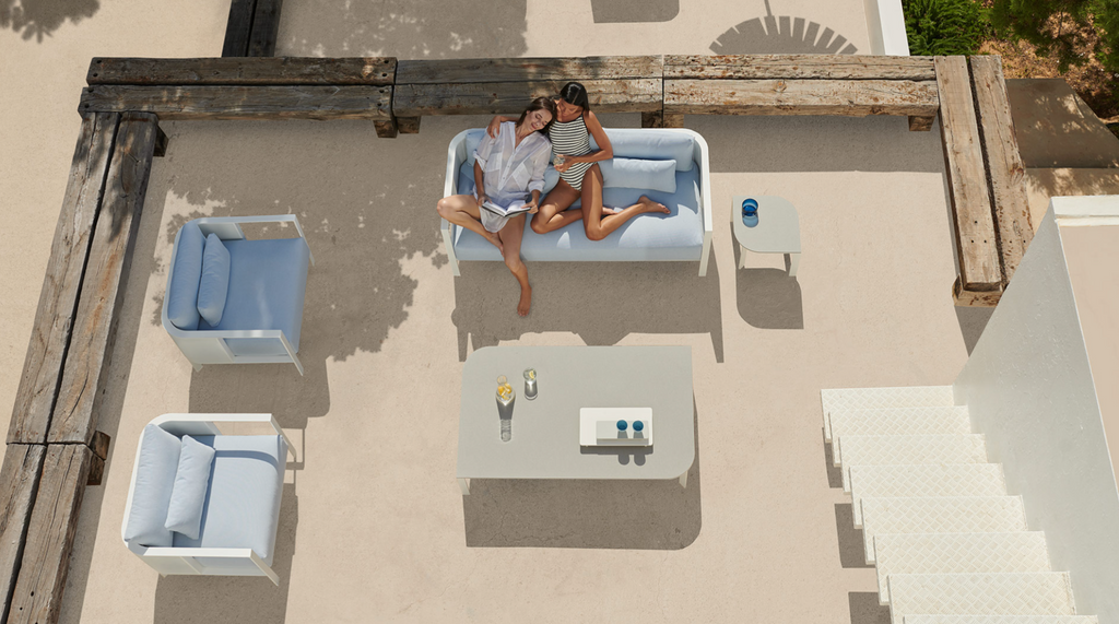 Gandía Blasco Solanas 2-Seat Sofa — luxury powder-coated aluminum outdoor sofa with water-repellent cushions on a modern Florida patio at Home Resource  by Gandia Blasco, available at the Home Resource furniture store Sarasota Florida