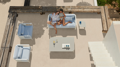 Gandía Blasco Solanas 2-Seat Sofa — luxury powder-coated aluminum outdoor sofa with water-repellent cushions on a modern Florida patio at Home Resource by Gandia Blasco