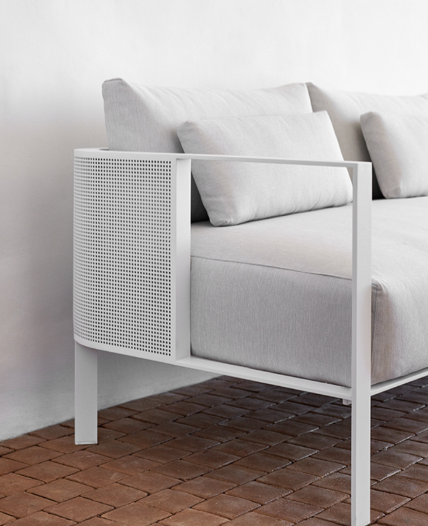 Gandía Blasco Solanas 2-Seat Sofa — luxury powder-coated aluminum outdoor sofa with water-repellent cushions on a modern Florida patio at Home Resource by Gandia Blasco for sale at Home Resource Modern Furniture Store Sarasota Florida